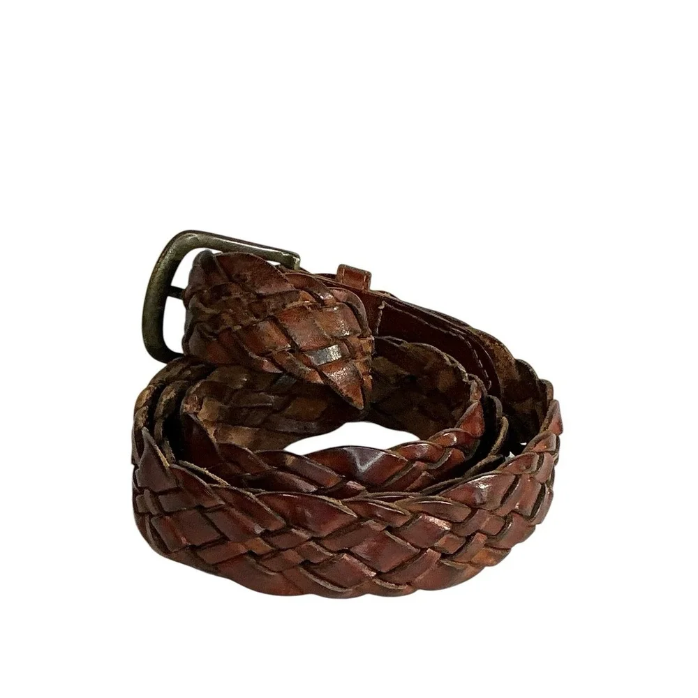 Vtg Abercrombie & Fitch Brown Braided Leather Belt Mens Size 38 Brass Buckle